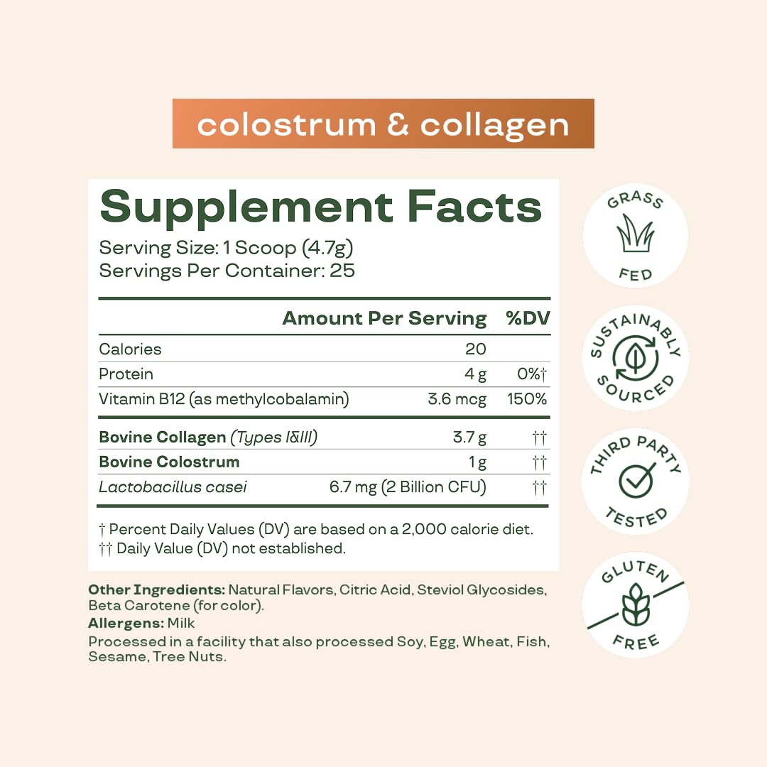 Bloom Nutrition Bovine Colostrum Powder with Vitamin B-12 for Gut Health, Immune Support, Hair Growth & Beauty Supplement | Unflavored, 25 Servings