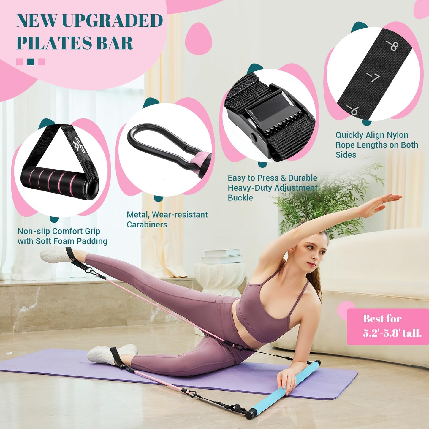 Pilates Bar Kit with Resistance Bands, Multifunctional Yoga Pilates Bar with Heavy-Duty Metal Adjustment Buckle, Portable Home Gym Pilates Resistance Bar Kit for Women Full Body Workouts