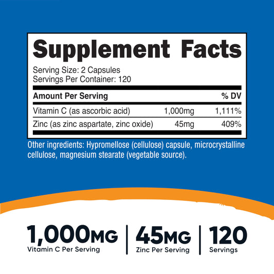 Nutricost Vitamin C with Zinc Capsules, 120 Servings - 1000mg, 45mg Zinc, Non-GMO, Gluten Free Vitamin C Supplement