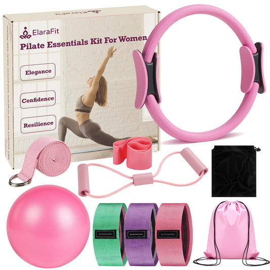 Home Pilates Kit for Women Pilates Equipment Ring and Ball Set Magic Circle Hoop with 5 Resistance Bands Compact Toning Fitness Essentials Starter Set Accessories