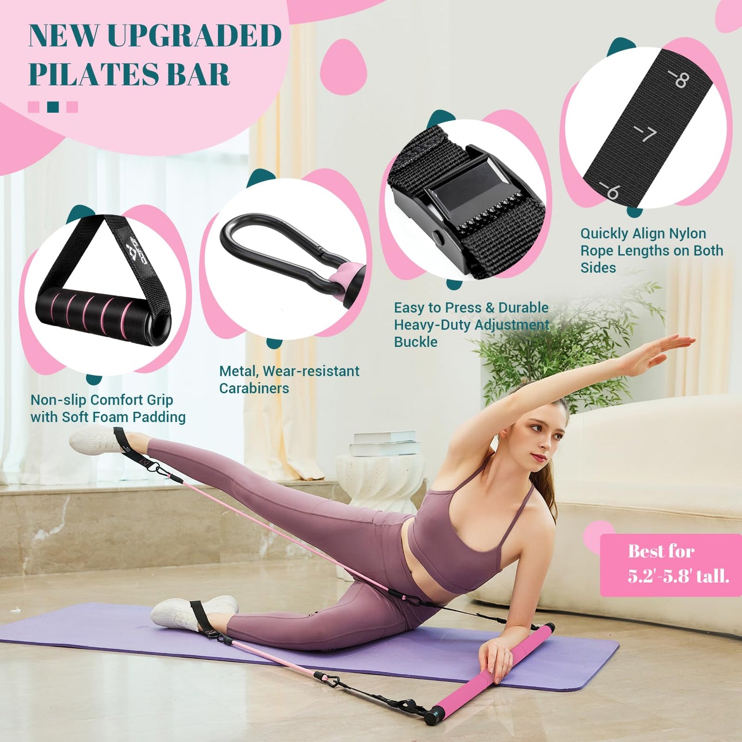 Pilates Bar Kit with Resistance Bands, Multifunctional Yoga Pilates Bar with Heavy-Duty Metal Adjustment Buckle, Portable Home Gym Pilates Resistance Bar Kit for Women Full Body Workouts