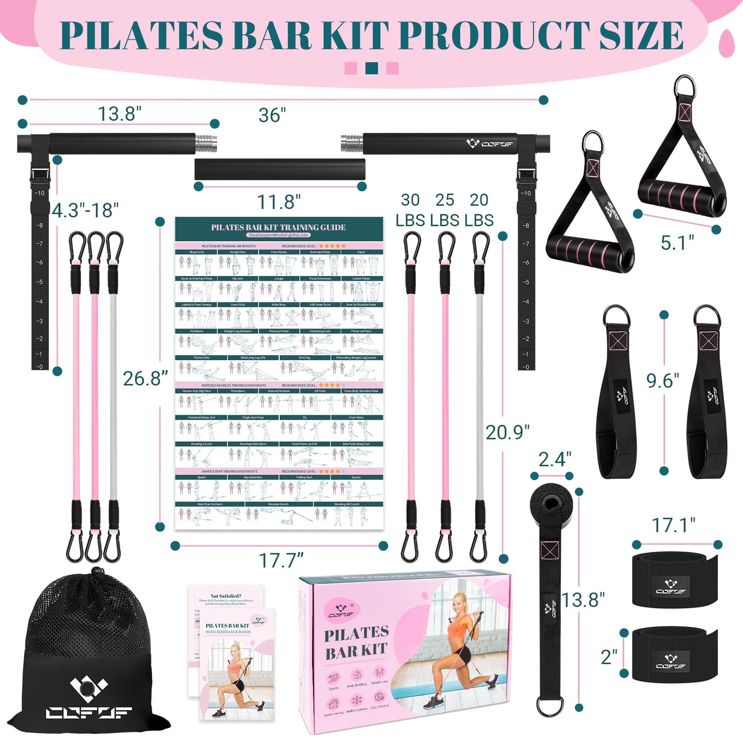 Pilates Bar Kit with Resistance Bands, Multifunctional Yoga Pilates Bar with Heavy-Duty Metal Adjustment Buckle, Portable Home Gym Pilates Resistance Bar Kit for Women Full Body Workouts