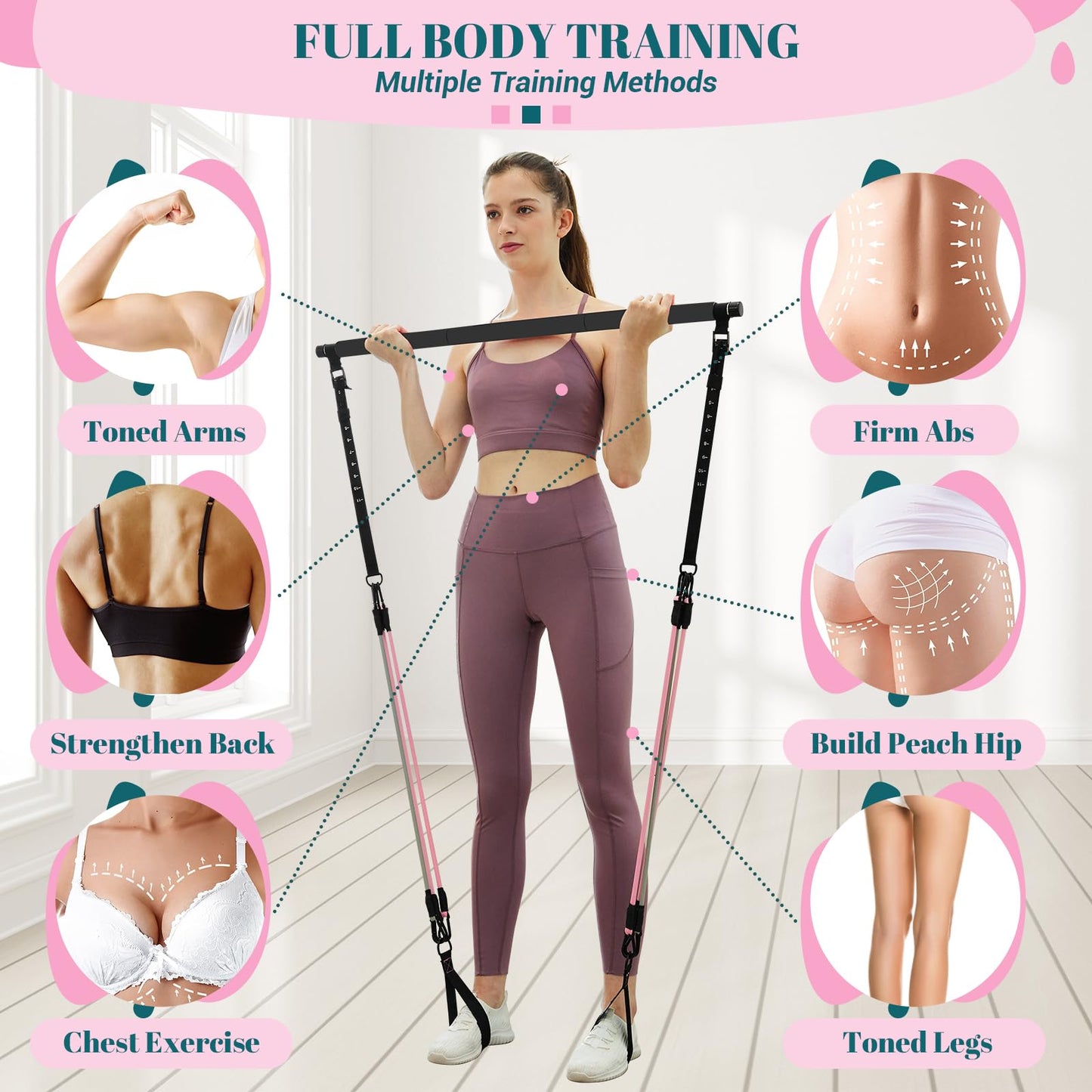 Pilates Bar Kit with Resistance Bands, Multifunctional Yoga Pilates Bar with Heavy-Duty Metal Adjustment Buckle, Portable Home Gym Pilates Resistance Bar Kit for Women Full Body Workouts