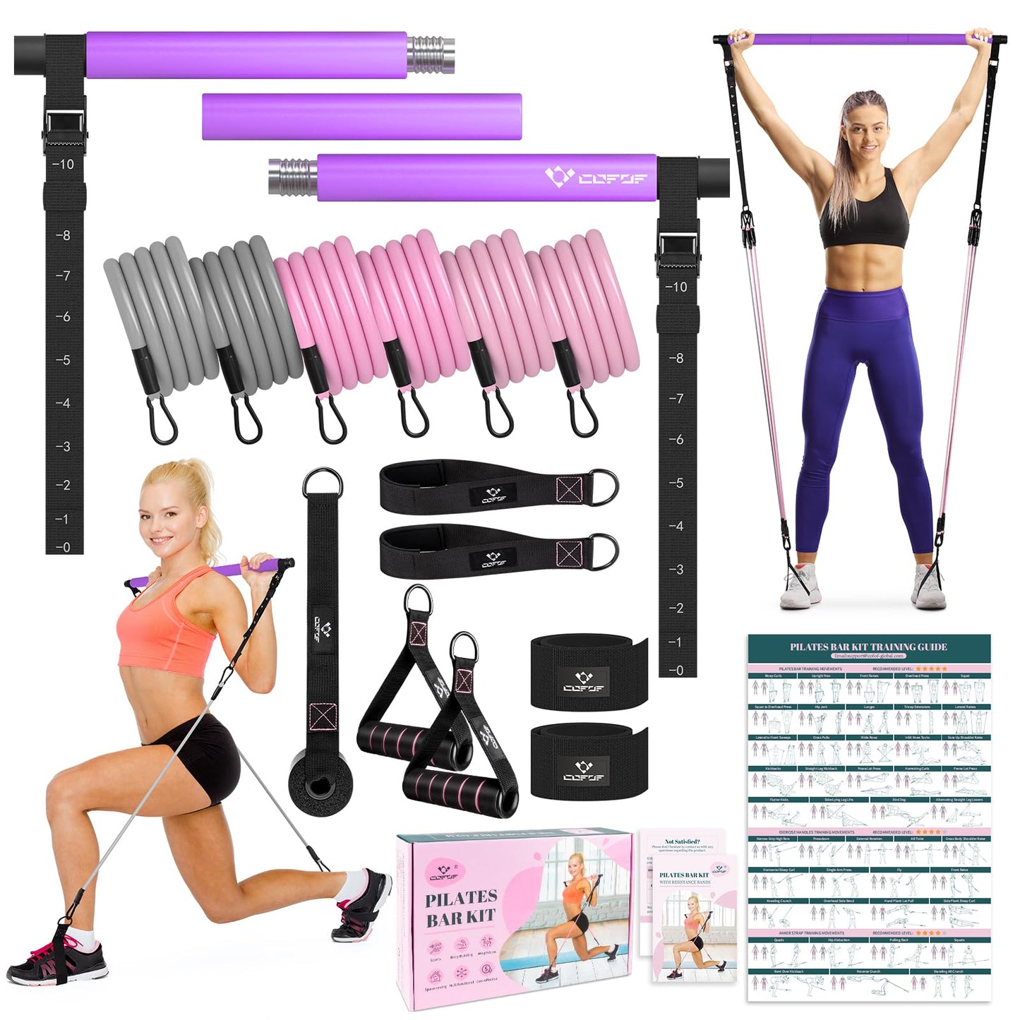 Pilates Bar Kit with Resistance Bands, Multifunctional Yoga Pilates Bar with Heavy-Duty Metal Adjustment Buckle, Portable Home Gym Pilates Resistance Bar Kit for Women Full Body Workouts