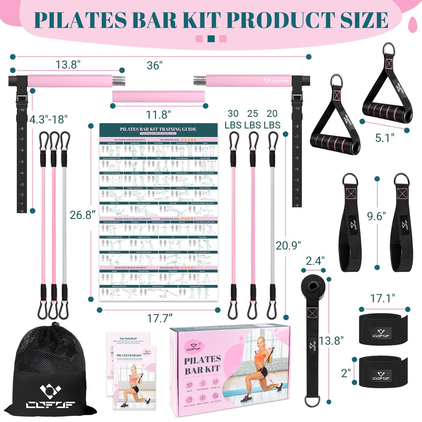Pilates Bar Kit with Resistance Bands, Multifunctional Yoga Pilates Bar with Heavy-Duty Metal Adjustment Buckle, Portable Home Gym Pilates Resistance Bar Kit for Women Full Body Workouts
