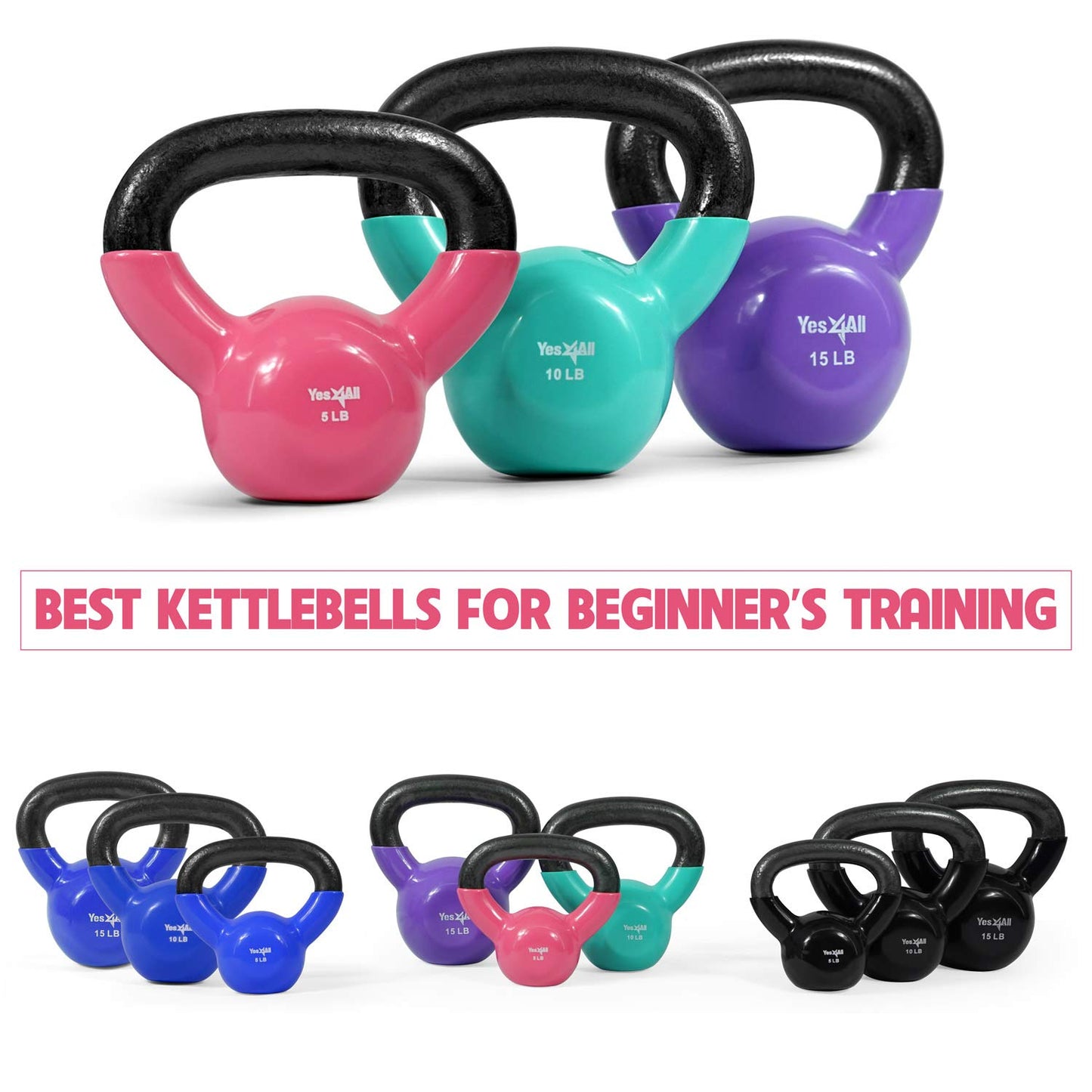 Yes4All Kettlebell, Vinyl Coated Kettlebell Cast Iron Sets with Stable Flat Bottom for Full Body Workout, Push up, Grip Strength Training & Weights Exercises