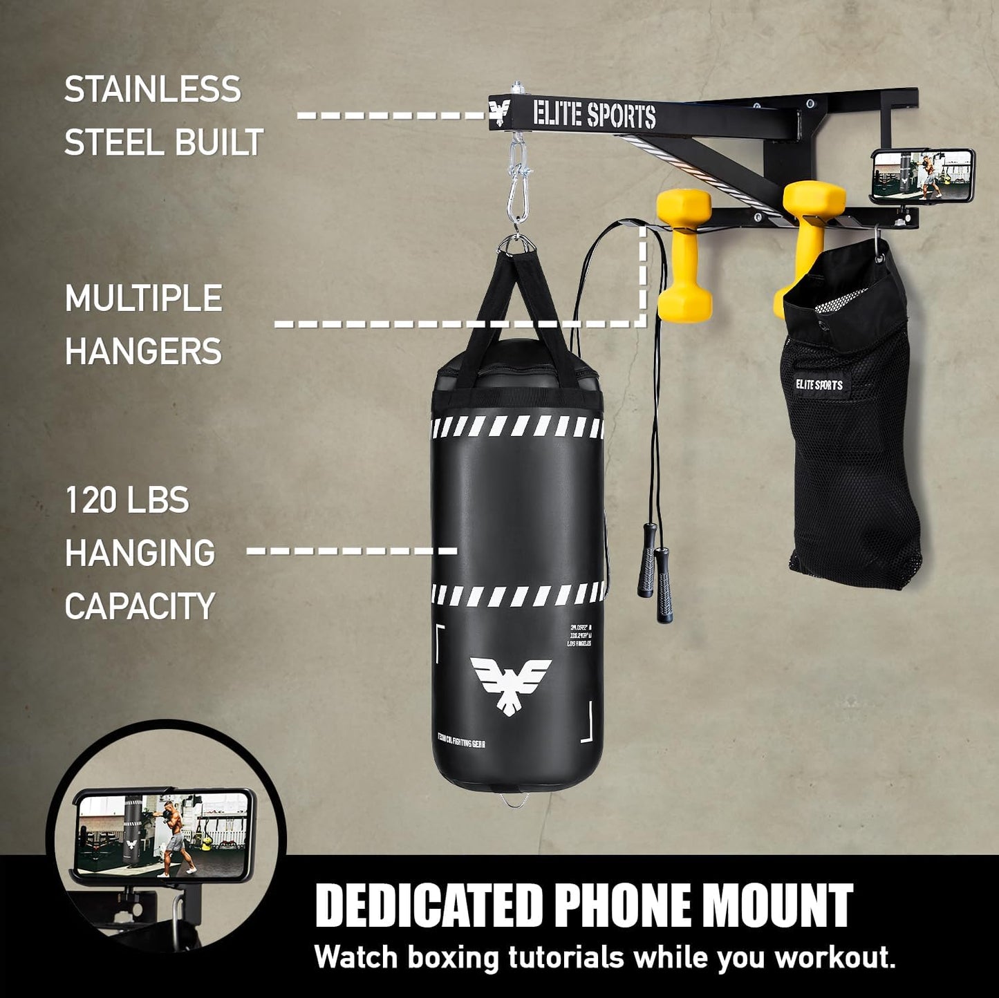 Elite Sports Heavy Duty Wall Mount Punching Bag Hanger for Indoor & Outdoor Boxing, Gym Workouts & Exercise Equipment, Punching Bag Holder Stand for Hanging Bags