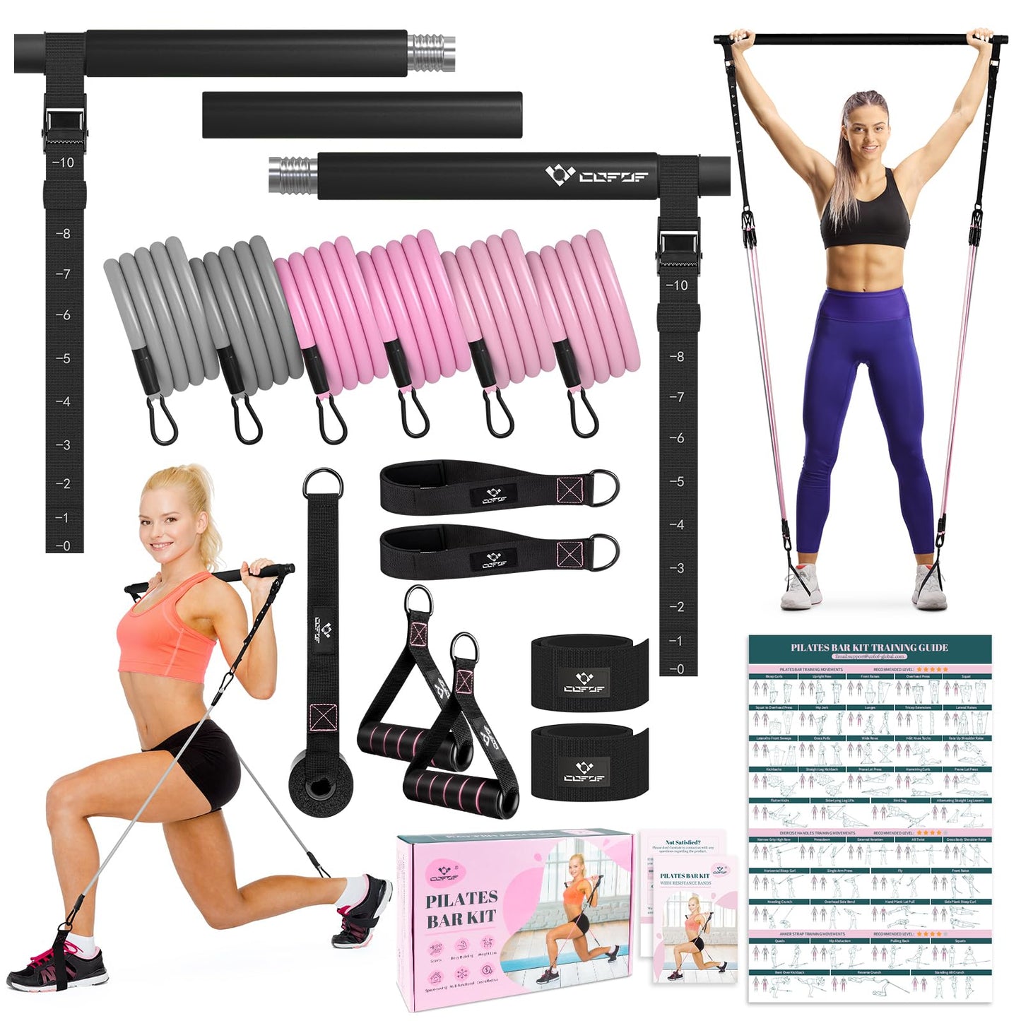 Pilates Bar Kit with Resistance Bands, Multifunctional Yoga Pilates Bar with Heavy-Duty Metal Adjustment Buckle, Portable Home Gym Pilates Resistance Bar Kit for Women Full Body Workouts