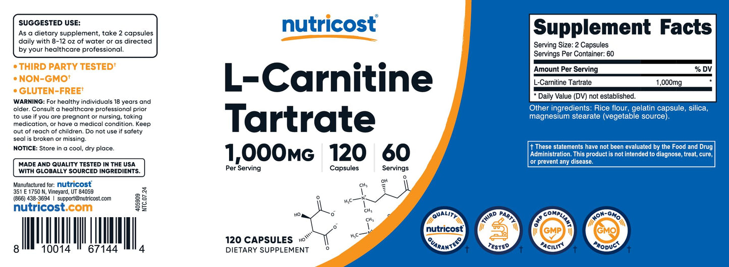 Nutricost L-Carnitine Tartrate 1,000mg, 240 Capsules - 500mg Per Capsule, 120 Servings