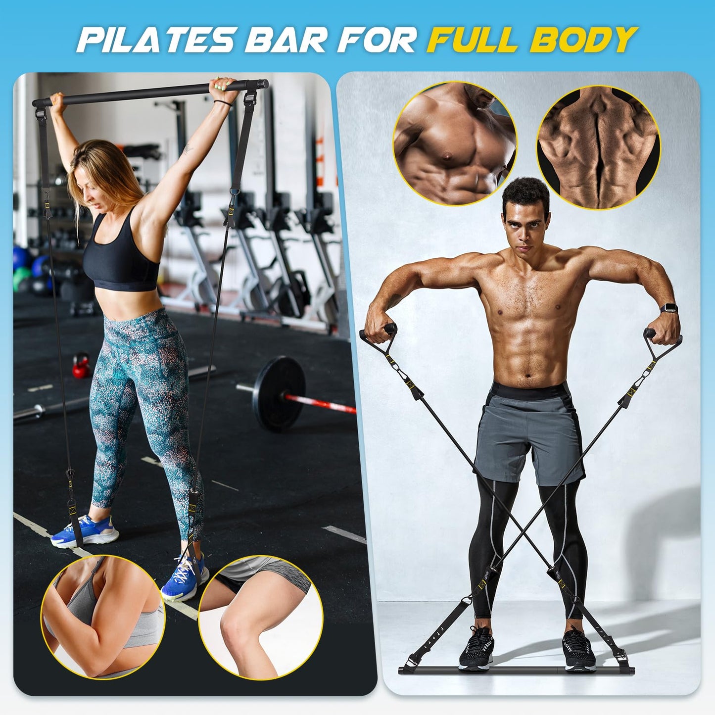 Pilates Bar Kit with Resistance Bands, Multifunctional Yoga Pilates Bar with Heavy-Duty Metal Adjustment Buckle, Portable Home Gym Pilates Resistance Bar Kit for Women Full Body Workouts