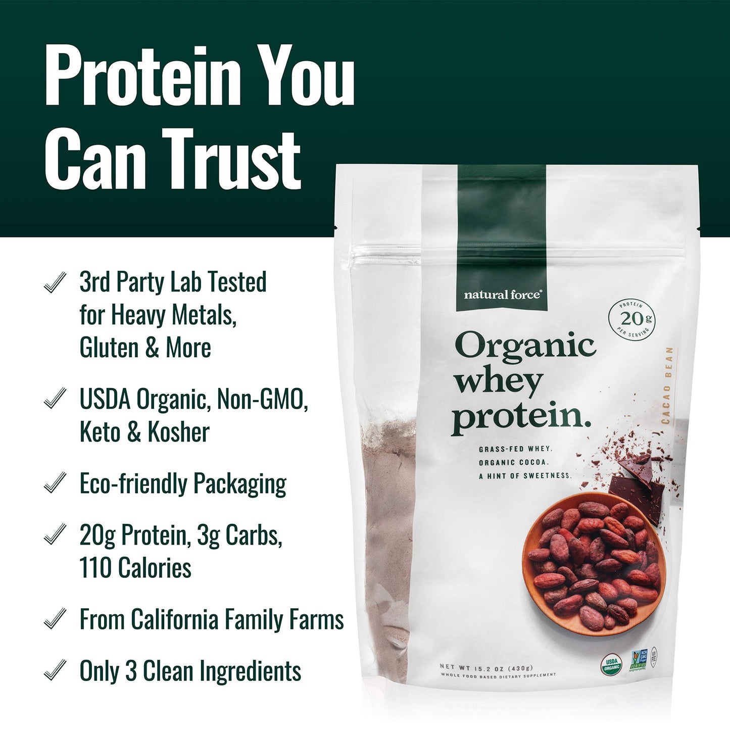 Natural Force Grass Fed Organic Whey Protein Powder – Non GMO Verified, Humane Certified & Lab Tested for Toxins – Real Vanilla Flavor – Keto Friendly, Low Carb, and Kosher - 16 Ounce A2 Protein