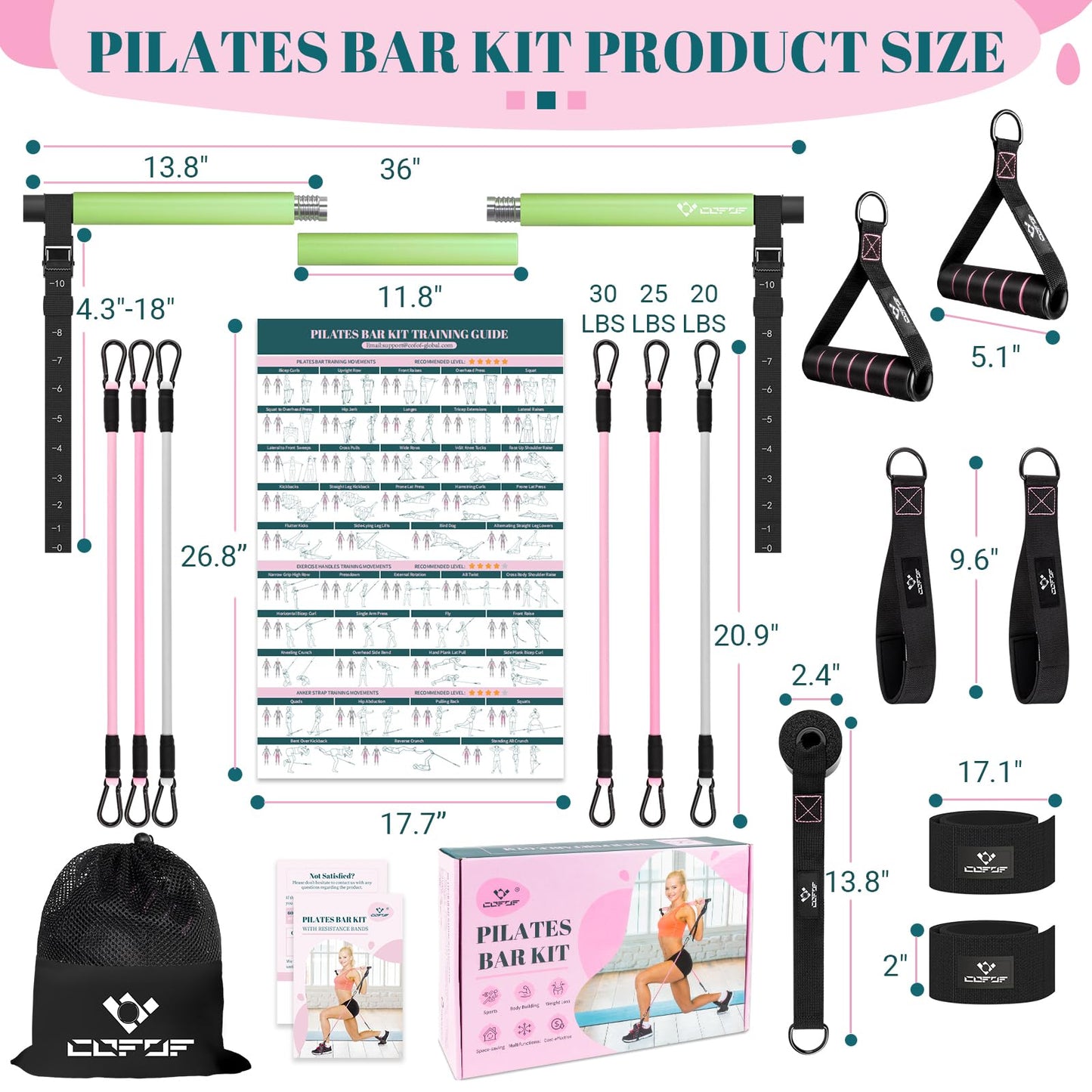 Pilates Bar Kit with Resistance Bands, Multifunctional Yoga Pilates Bar with Heavy-Duty Metal Adjustment Buckle, Portable Home Gym Pilates Resistance Bar Kit for Women Full Body Workouts