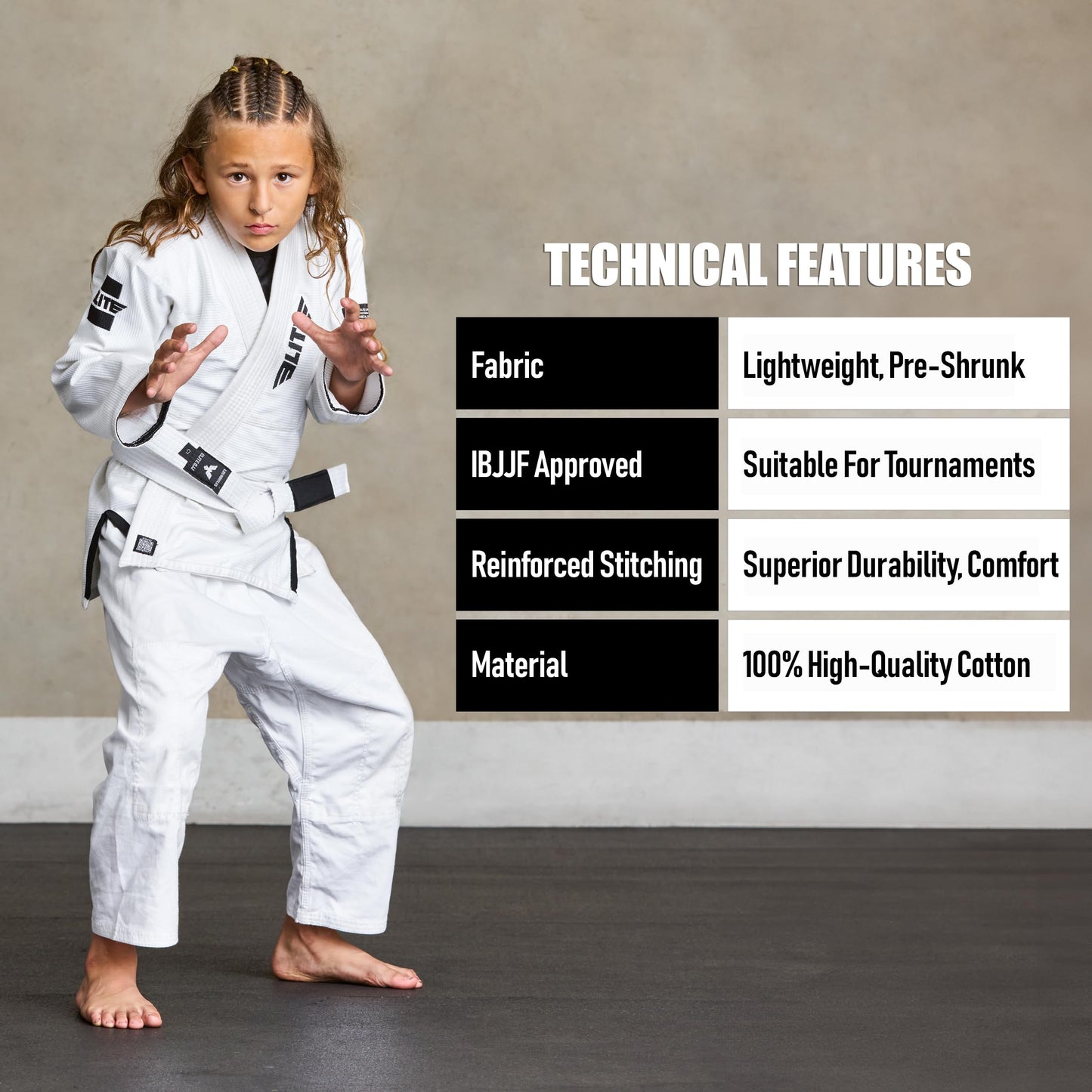 Elite Sports Kids Brazilian Jiu Jitsu Belts Preshurunk Martial Arts Youth BJJ Belts for Girls & Boys with BJJ Ranking Stripes