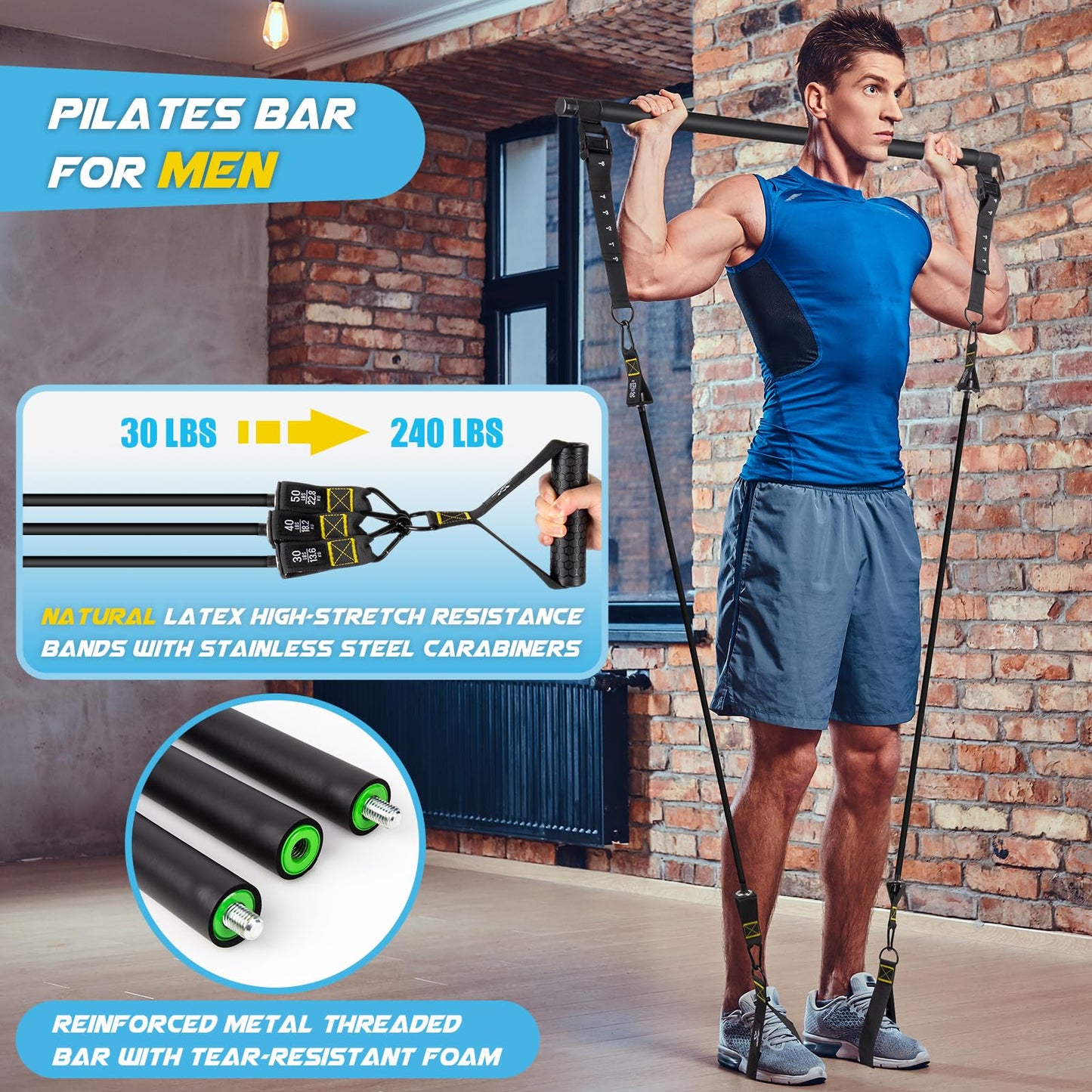 Pilates Bar Kit with Resistance Bands, Multifunctional Yoga Pilates Bar with Heavy-Duty Metal Adjustment Buckle, Portable Home Gym Pilates Resistance Bar Kit for Women Full Body Workouts