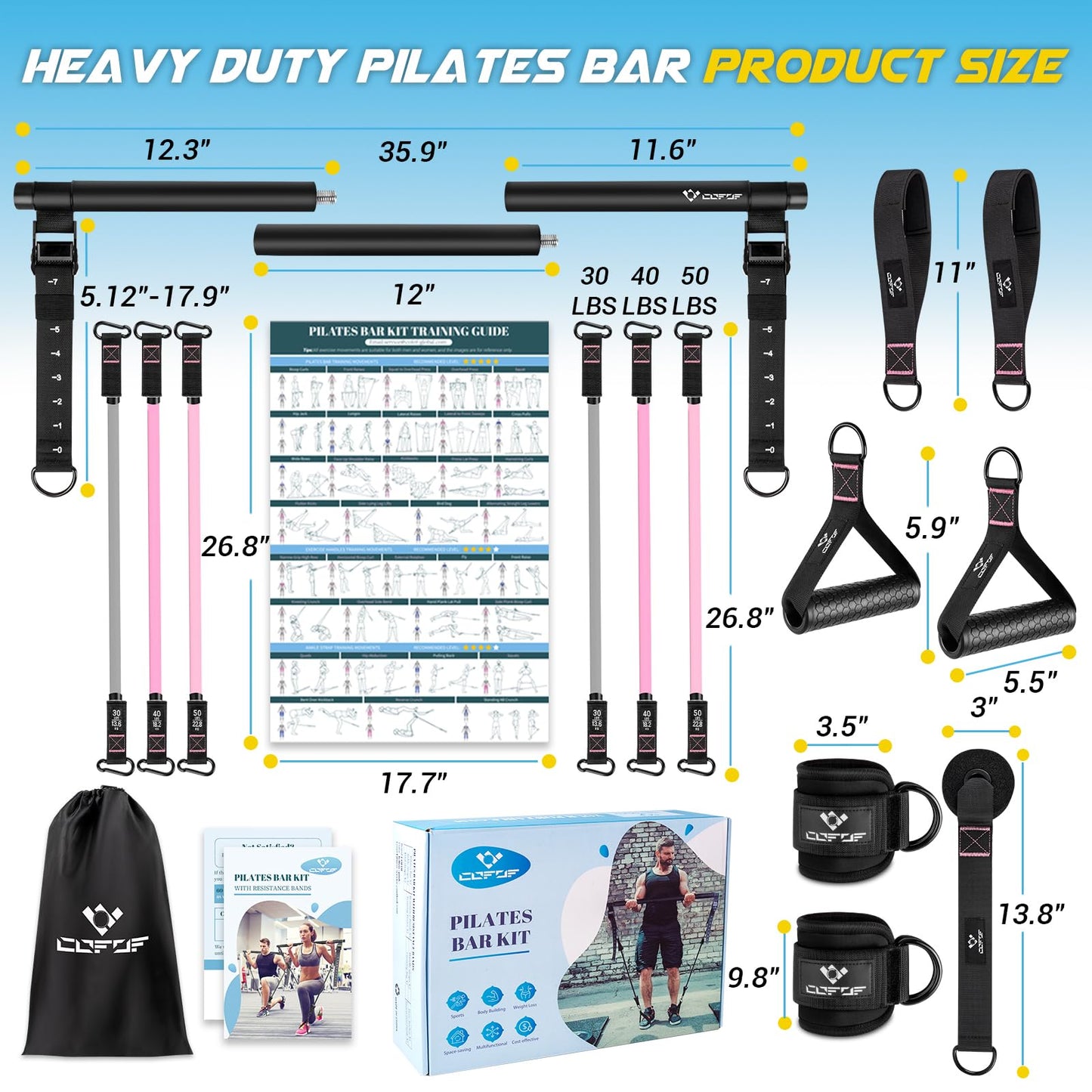 Pilates Bar Kit with Resistance Bands, Multifunctional Yoga Pilates Bar with Heavy-Duty Metal Adjustment Buckle, Portable Home Gym Pilates Resistance Bar Kit for Women Full Body Workouts