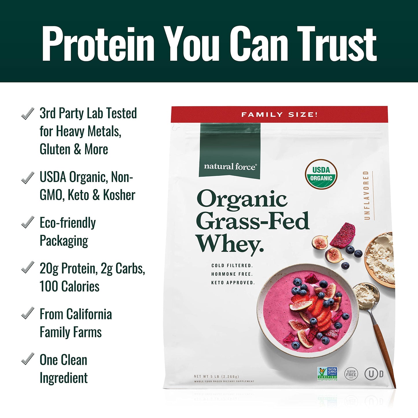 Natural Force Grass Fed Organic Whey Protein Powder – Non GMO Verified, Humane Certified & Lab Tested for Toxins – Real Vanilla Flavor – Keto Friendly, Low Carb, and Kosher - 16 Ounce A2 Protein