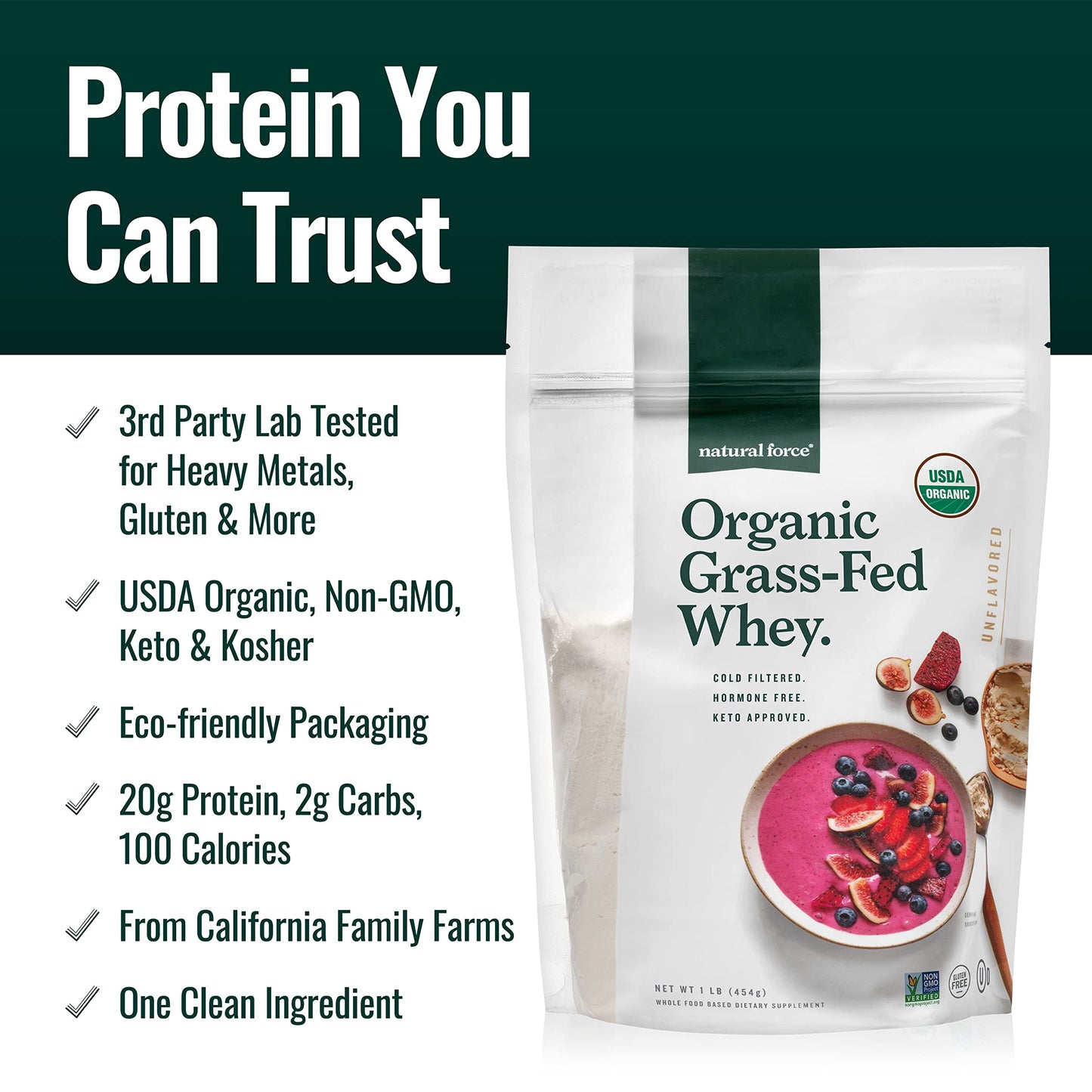 Natural Force Grass Fed Organic Whey Protein Powder – Non GMO Verified, Humane Certified & Lab Tested for Toxins – Real Vanilla Flavor – Keto Friendly, Low Carb, and Kosher - 16 Ounce A2 Protein