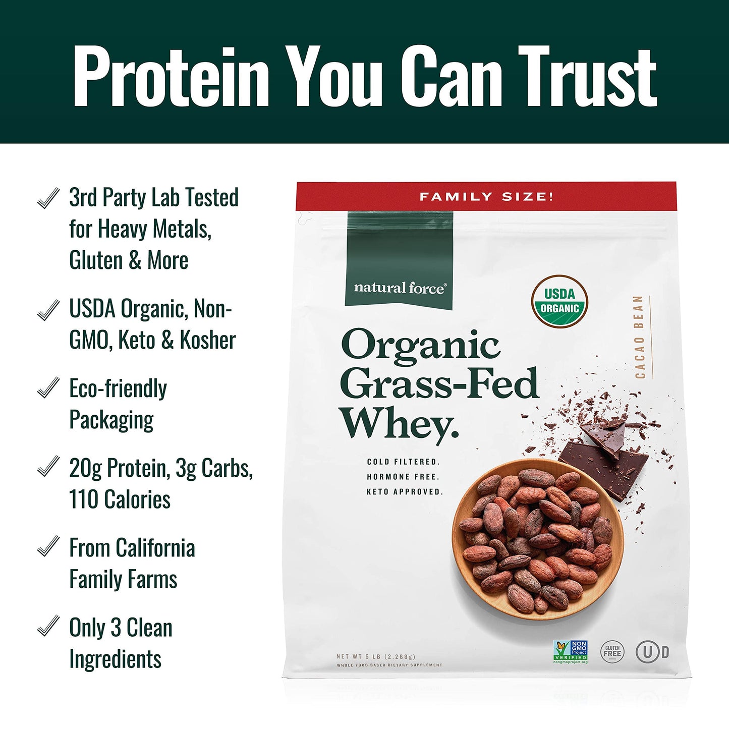 Natural Force Grass Fed Organic Whey Protein Powder – Non GMO Verified, Humane Certified & Lab Tested for Toxins – Real Vanilla Flavor – Keto Friendly, Low Carb, and Kosher - 16 Ounce A2 Protein
