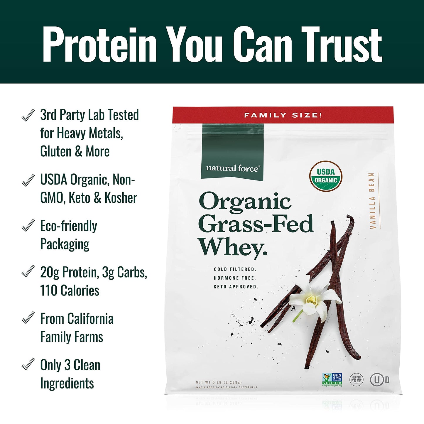 Natural Force Grass Fed Organic Whey Protein Powder – Non GMO Verified, Humane Certified & Lab Tested for Toxins – Real Vanilla Flavor – Keto Friendly, Low Carb, and Kosher - 16 Ounce A2 Protein