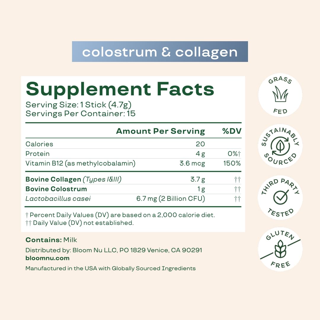 Bloom Nutrition Bovine Colostrum Powder with Vitamin B-12 for Gut Health, Immune Support, Hair Growth & Beauty Supplement | Unflavored, 25 Servings