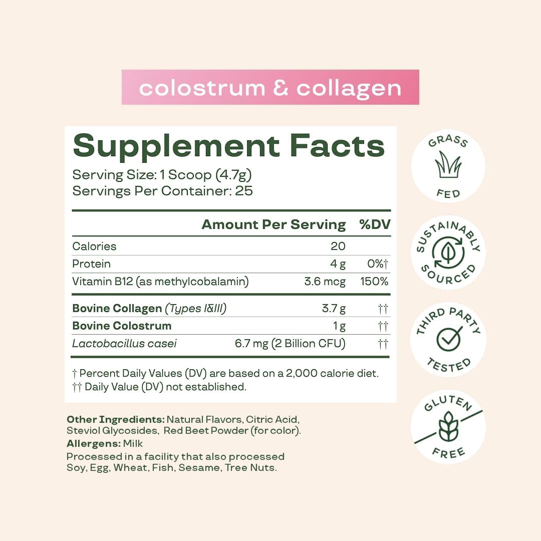 Bloom Nutrition Bovine Colostrum Powder with Vitamin B-12 for Gut Health, Immune Support, Hair Growth & Beauty Supplement | Unflavored, 25 Servings