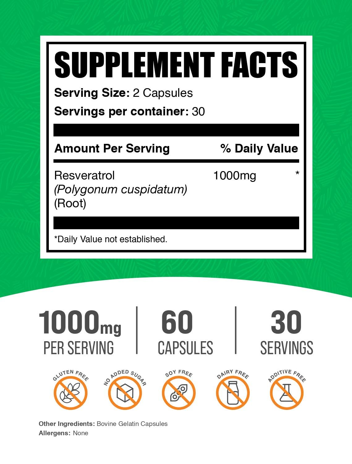BulkSupplements.com Resveratrol Capsules - Resveratrol Supplement, Polygonum Cuspidatum, Resveratrol 1000mg - Antioxidants Supplement, Resveratrol Pills - 2 Capsules per Serving, 60 Capsules