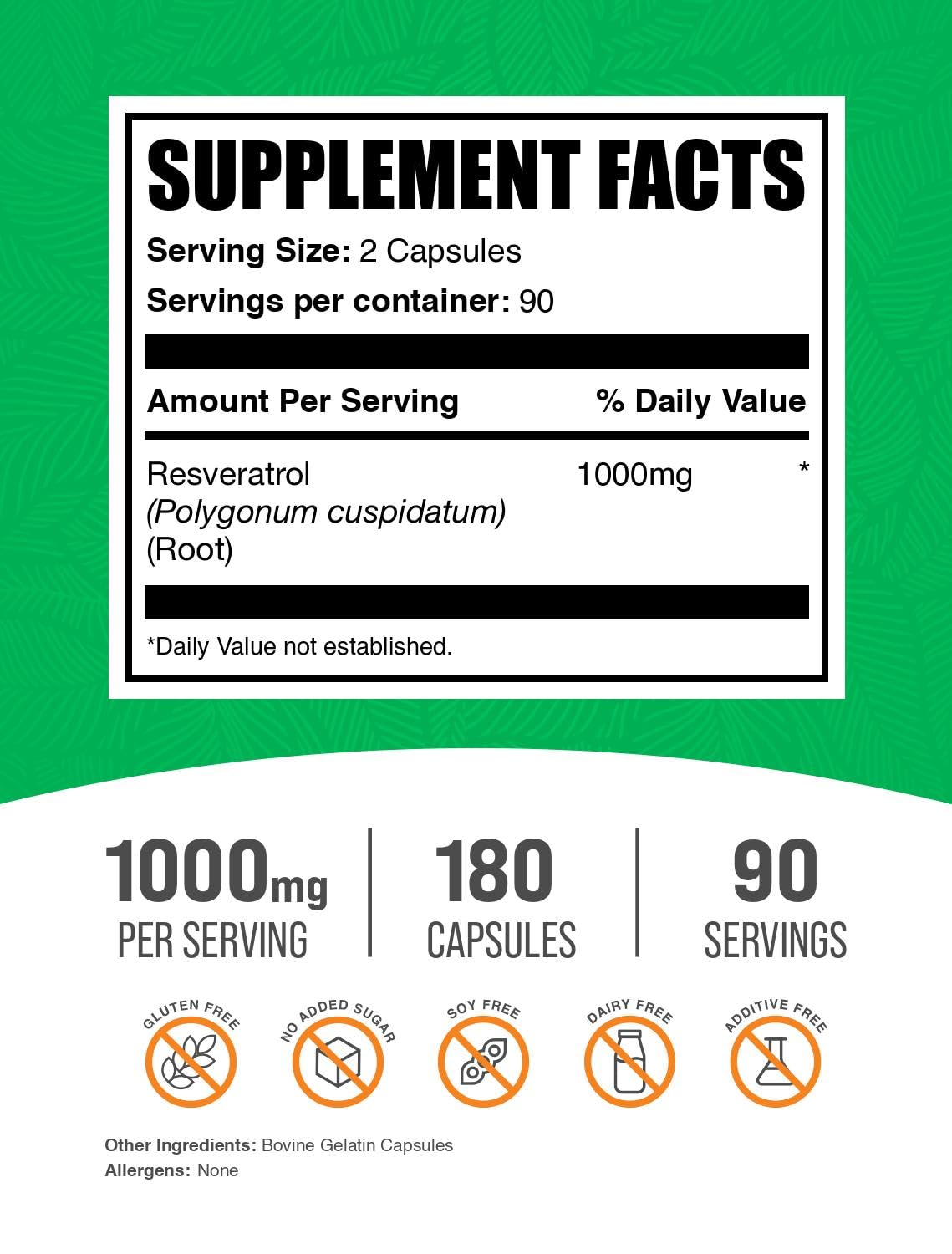 BulkSupplements.com Resveratrol Capsules - Resveratrol Supplement, Polygonum Cuspidatum, Resveratrol 1000mg - Antioxidants Supplement, Resveratrol Pills - 2 Capsules per Serving, 60 Capsules