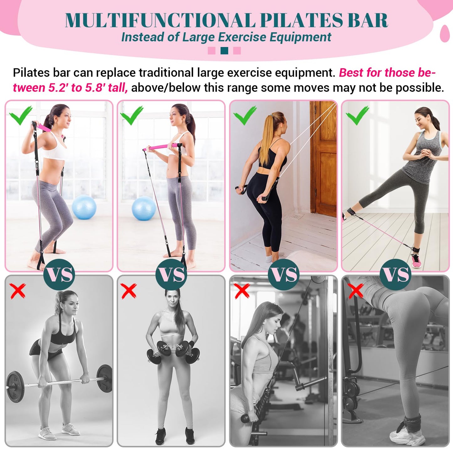 Pilates Bar Kit with Resistance Bands, Multifunctional Yoga Pilates Bar with Heavy-Duty Metal Adjustment Buckle, Portable Home Gym Pilates Resistance Bar Kit for Women Full Body Workouts