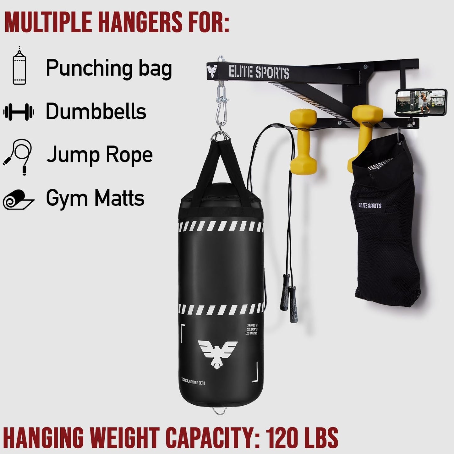 Elite Sports Heavy Duty Wall Mount Punching Bag Hanger for Indoor & Outdoor Boxing, Gym Workouts & Exercise Equipment, Punching Bag Holder Stand for Hanging Bags