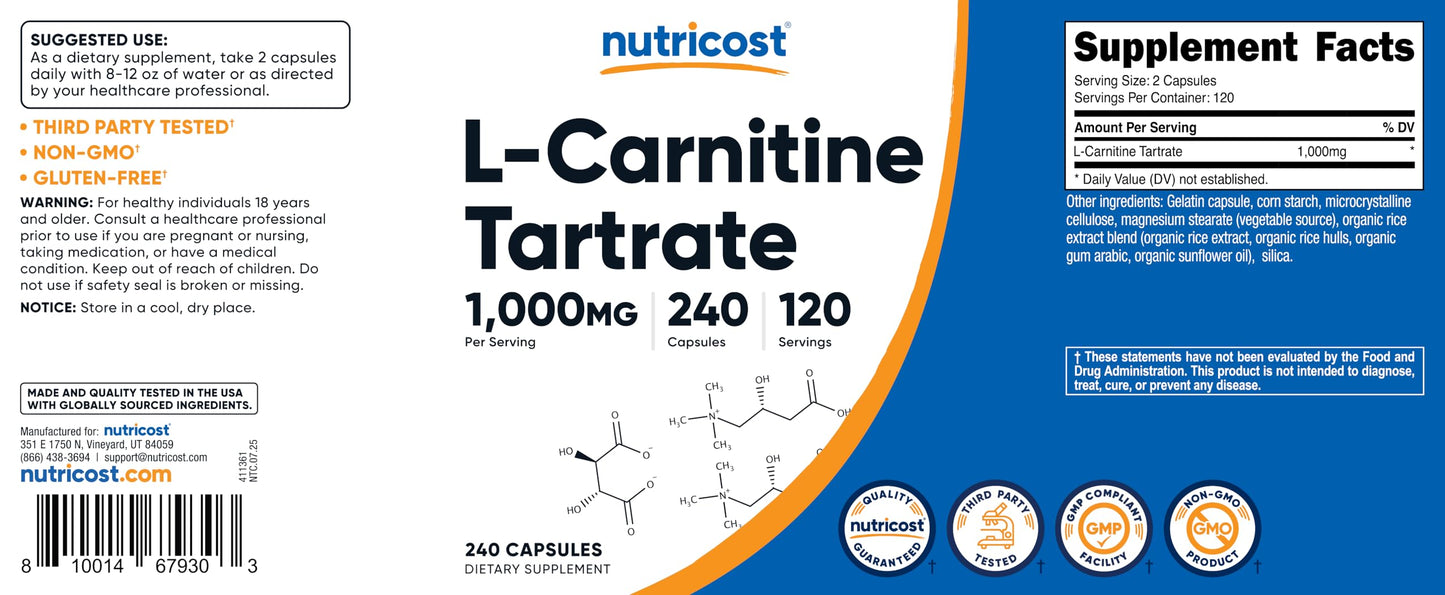 Nutricost L-Carnitine Tartrate 1,000mg, 240 Capsules - 500mg Per Capsule, 120 Servings