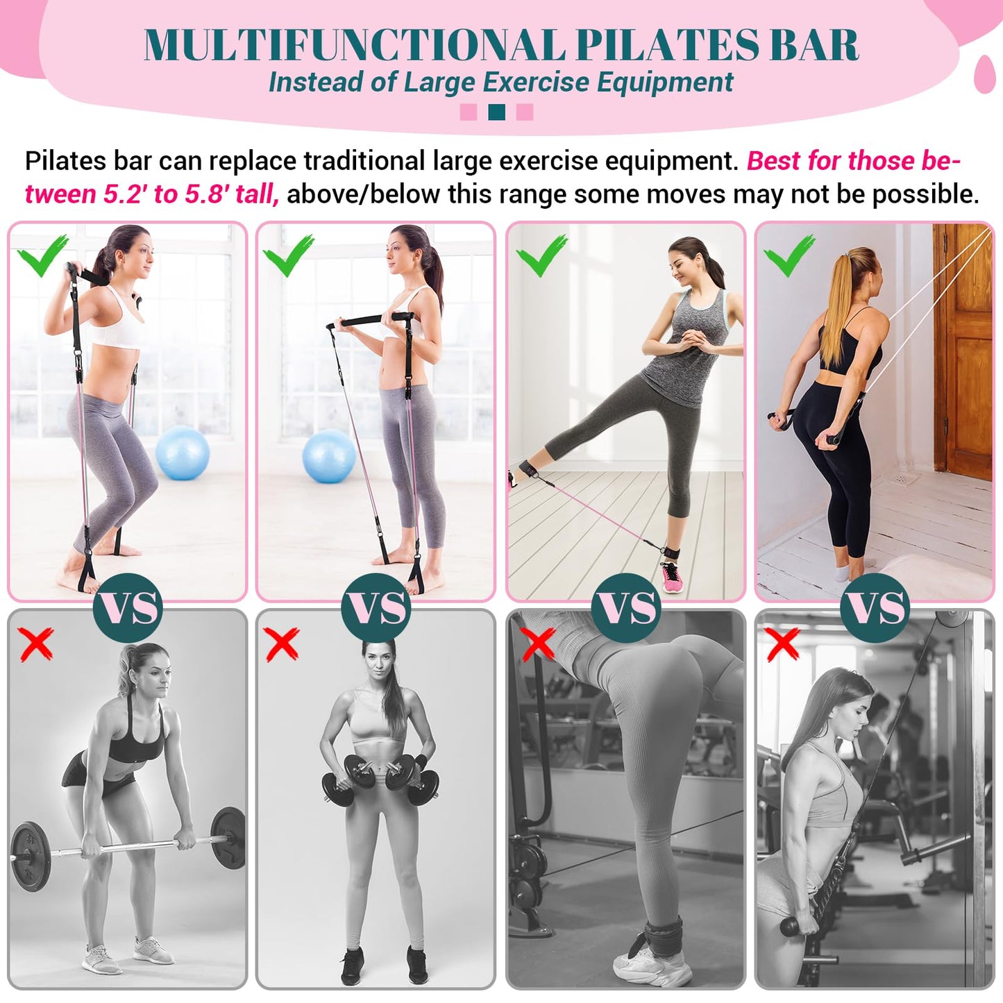 Pilates Bar Kit with Resistance Bands, Multifunctional Yoga Pilates Bar with Heavy-Duty Metal Adjustment Buckle, Portable Home Gym Pilates Resistance Bar Kit for Women Full Body Workouts