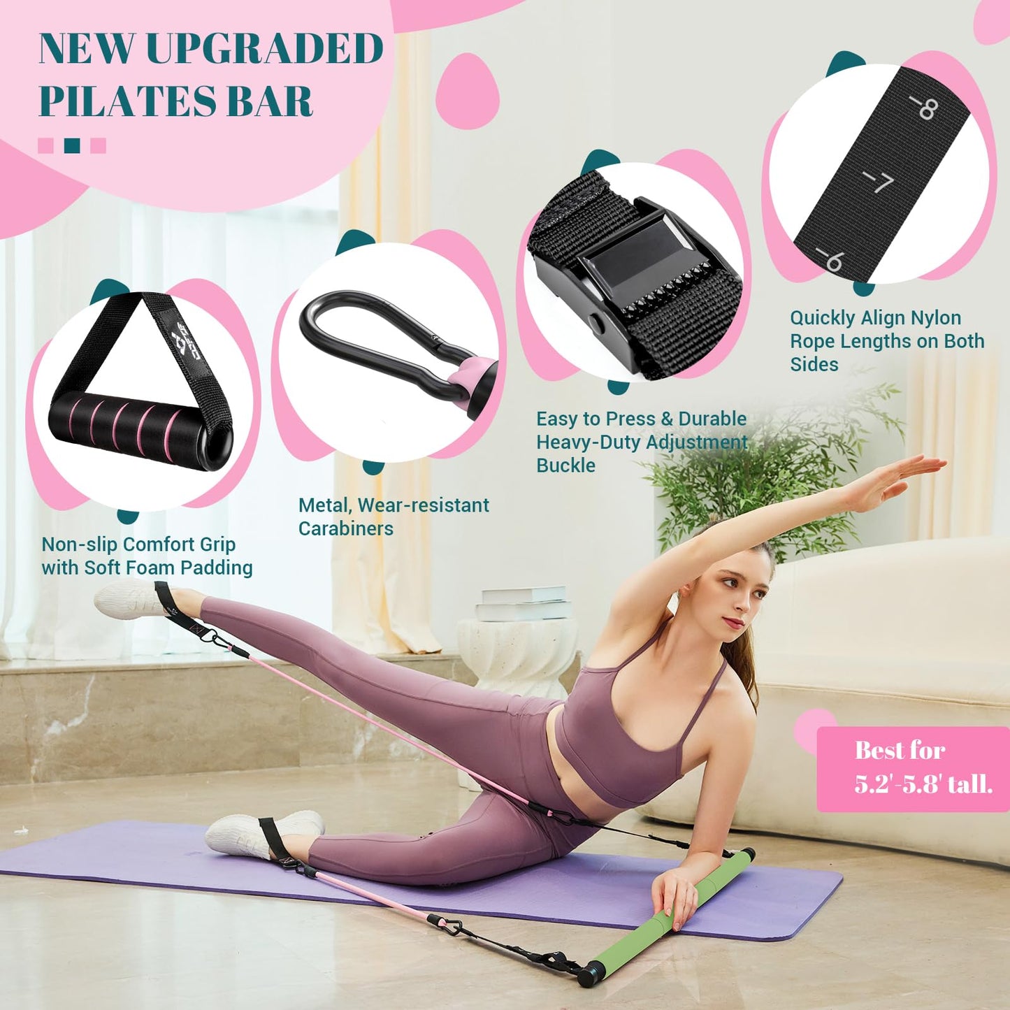 Pilates Bar Kit with Resistance Bands, Multifunctional Yoga Pilates Bar with Heavy-Duty Metal Adjustment Buckle, Portable Home Gym Pilates Resistance Bar Kit for Women Full Body Workouts