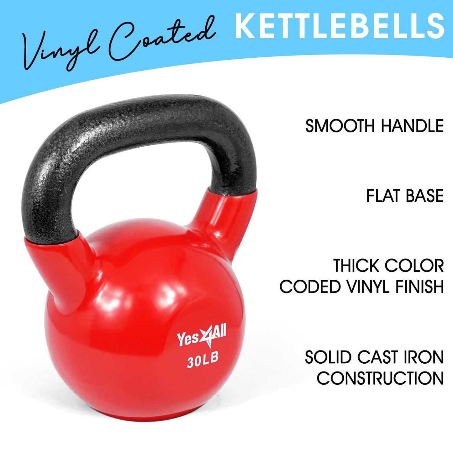 Yes4All Kettlebell, Vinyl Coated Kettlebell Cast Iron Sets with Stable Flat Bottom for Full Body Workout, Push up, Grip Strength Training & Weights Exercises