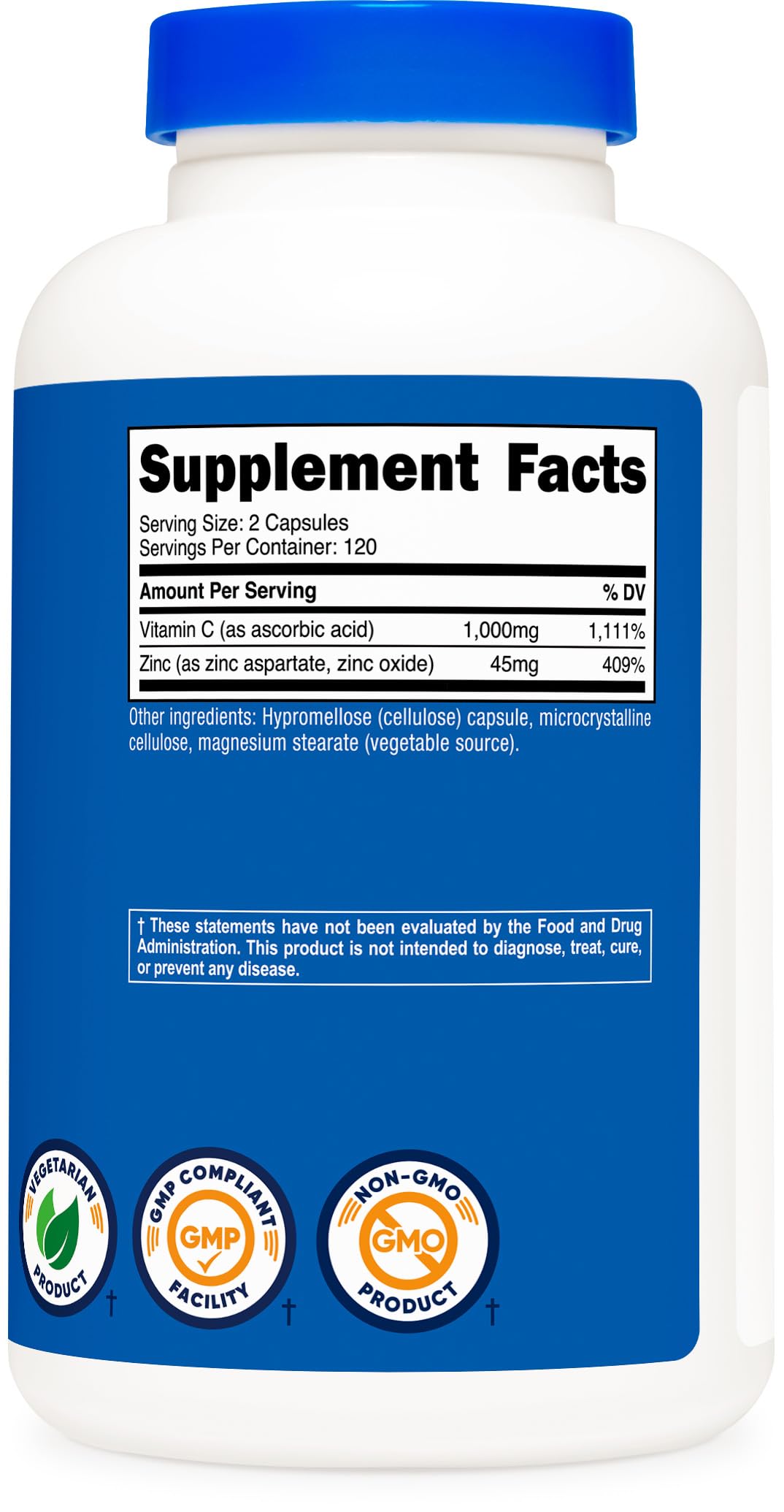 Nutricost Vitamin C with Zinc Capsules, 120 Servings - 1000mg, 45mg Zinc, Non-GMO, Gluten Free Vitamin C Supplement