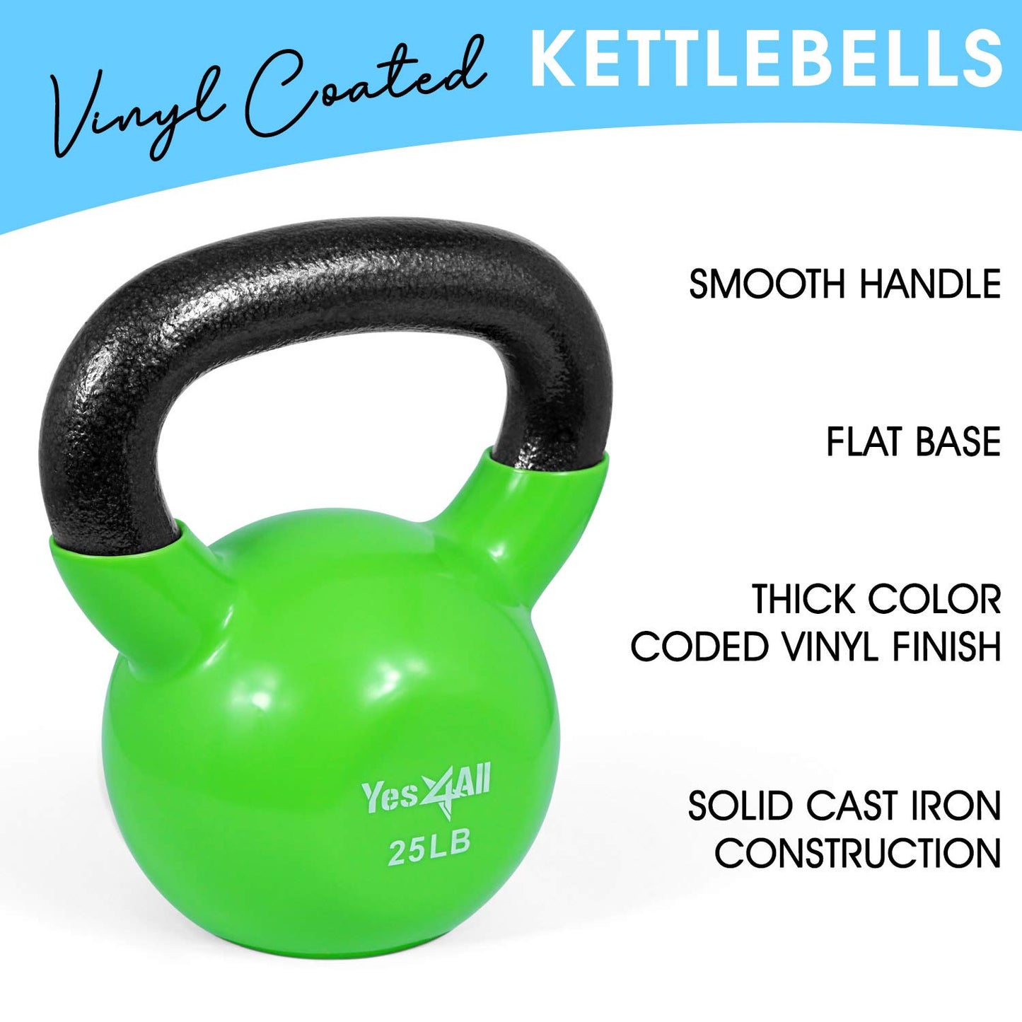 Yes4All Kettlebell, Vinyl Coated Kettlebell Cast Iron Sets with Stable Flat Bottom for Full Body Workout, Push up, Grip Strength Training & Weights Exercises