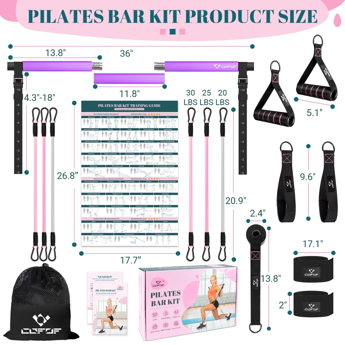 Pilates Bar Kit with Resistance Bands, Multifunctional Yoga Pilates Bar with Heavy-Duty Metal Adjustment Buckle, Portable Home Gym Pilates Resistance Bar Kit for Women Full Body Workouts