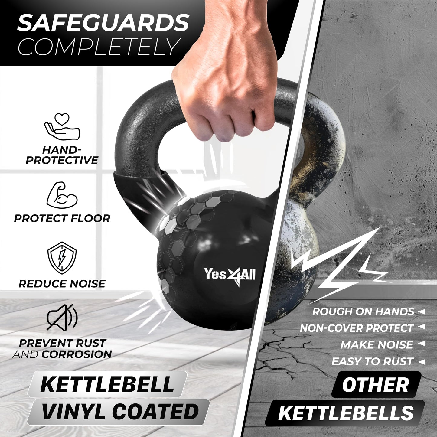 Yes4All Kettlebell, Vinyl Coated Kettlebell Cast Iron Sets with Stable Flat Bottom for Full Body Workout, Push up, Grip Strength Training & Weights Exercises