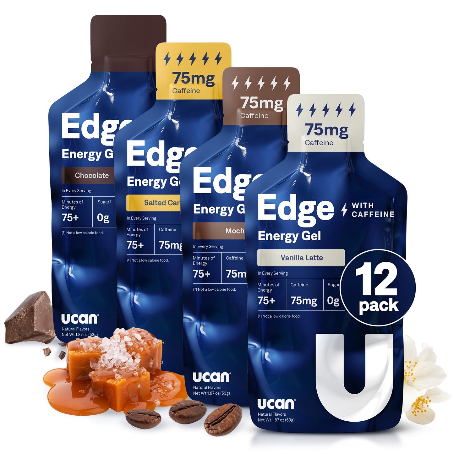 UCAN Edge Energy Gel Shots, Variety Pack (12, 2 Ounce Packets) for Running, Training, Workouts, Fitness, Cycling, Crossfit | Sugar-Free, Vegan, & Keto Friendly Energy
