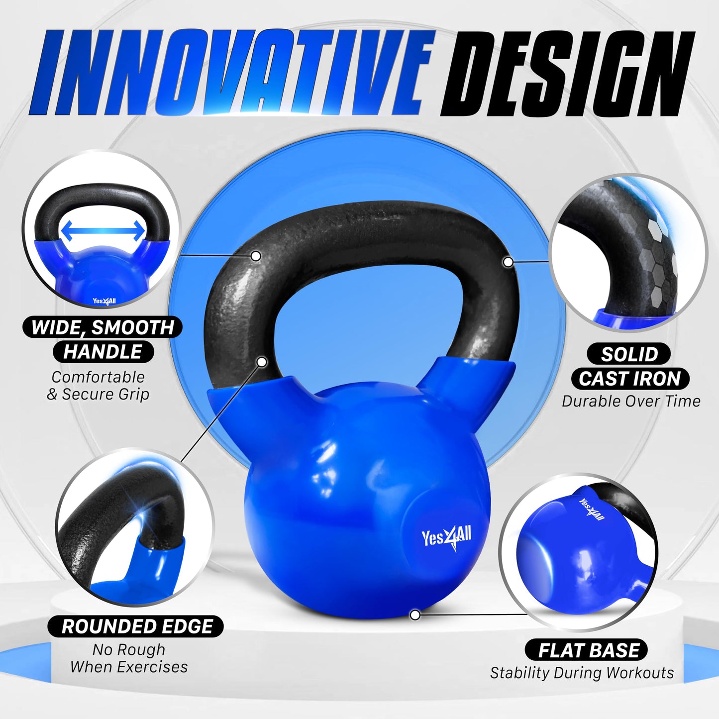Yes4All Kettlebell, Vinyl Coated Kettlebell Cast Iron Sets with Stable Flat Bottom for Full Body Workout, Push up, Grip Strength Training & Weights Exercises