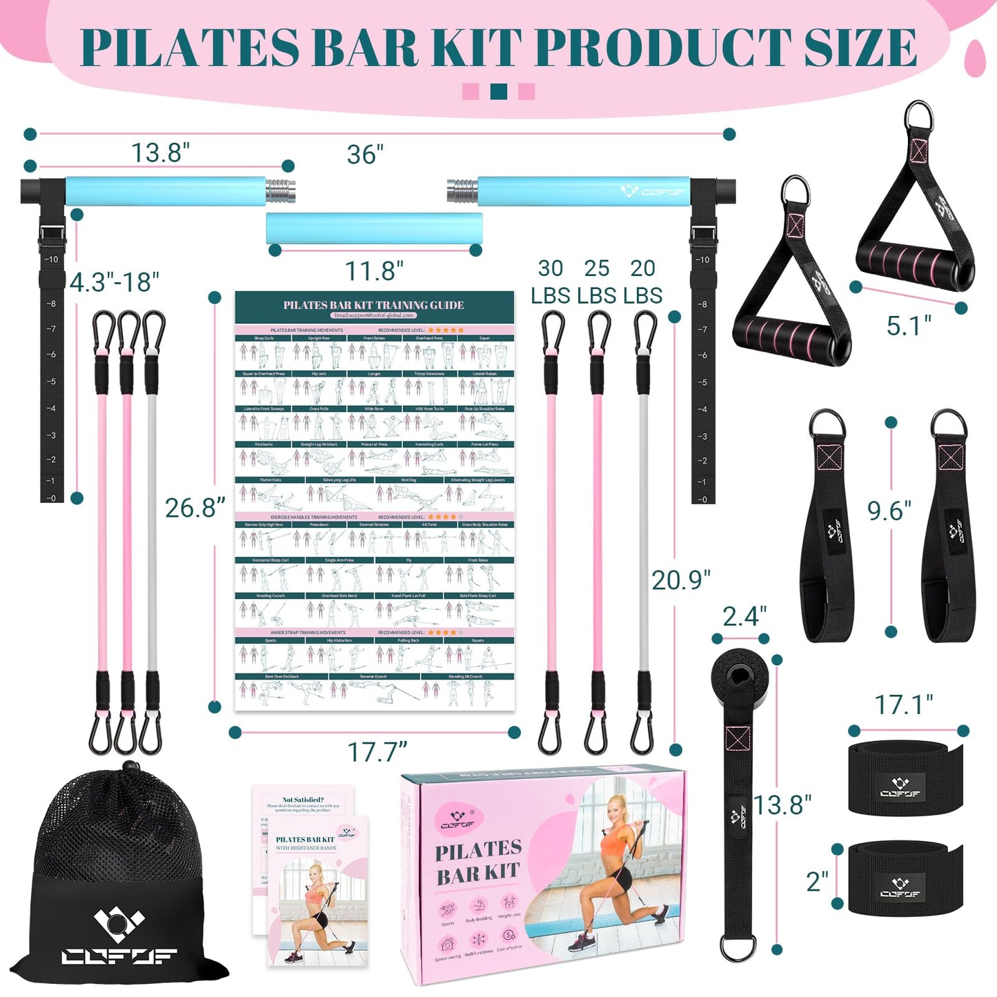 Pilates Bar Kit with Resistance Bands, Multifunctional Yoga Pilates Bar with Heavy-Duty Metal Adjustment Buckle, Portable Home Gym Pilates Resistance Bar Kit for Women Full Body Workouts