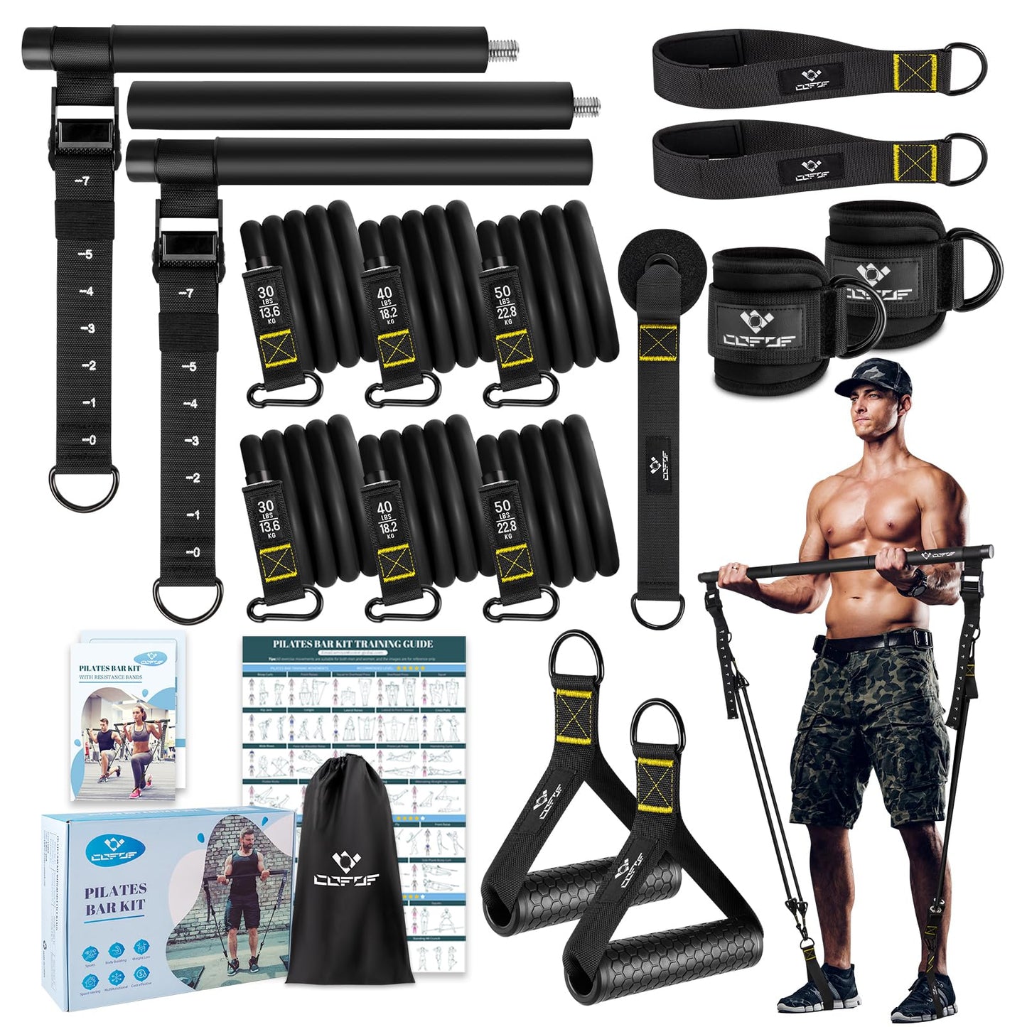 Pilates Bar Kit with Resistance Bands, Multifunctional Yoga Pilates Bar with Heavy-Duty Metal Adjustment Buckle, Portable Home Gym Pilates Resistance Bar Kit for Women Full Body Workouts