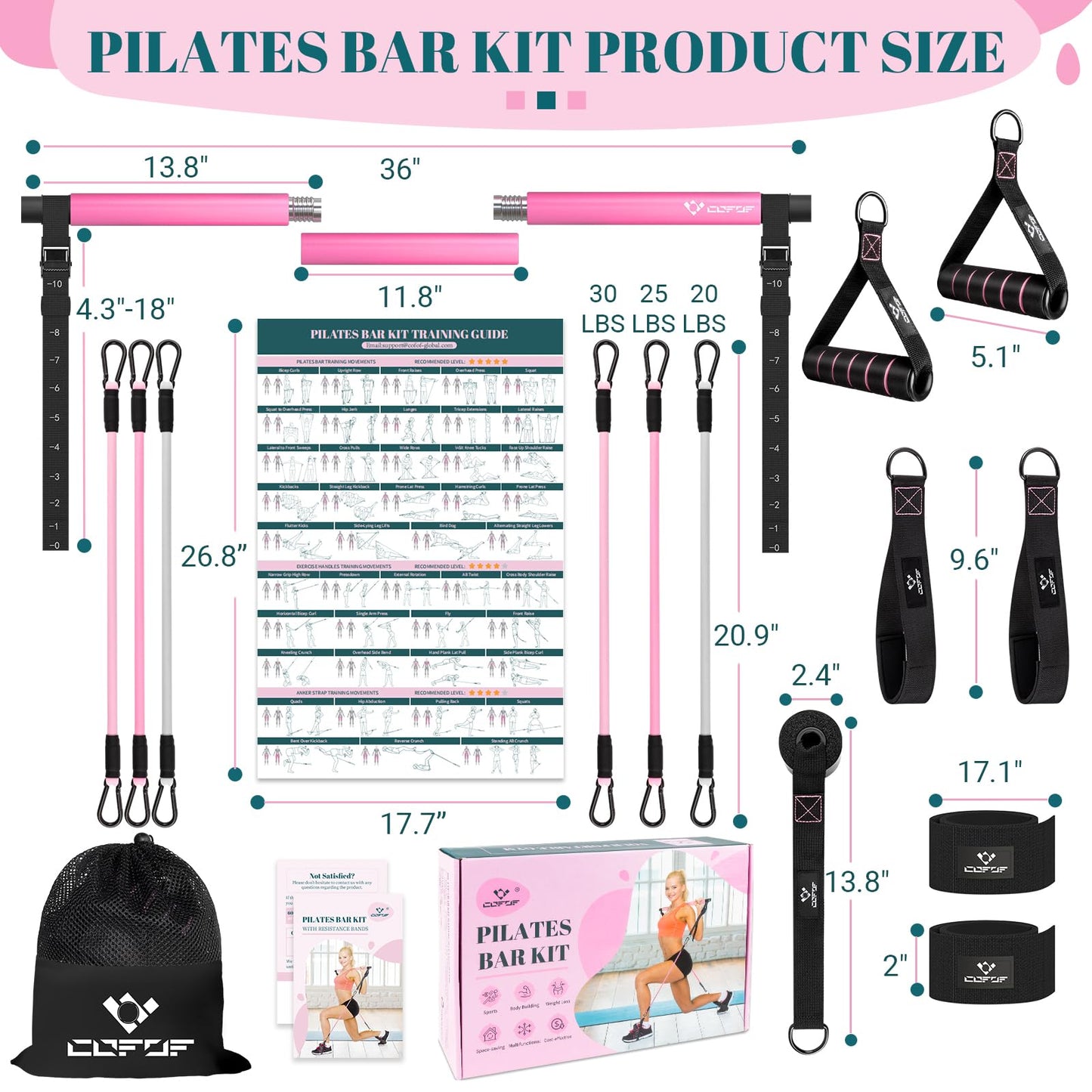 Pilates Bar Kit with Resistance Bands, Multifunctional Yoga Pilates Bar with Heavy-Duty Metal Adjustment Buckle, Portable Home Gym Pilates Resistance Bar Kit for Women Full Body Workouts