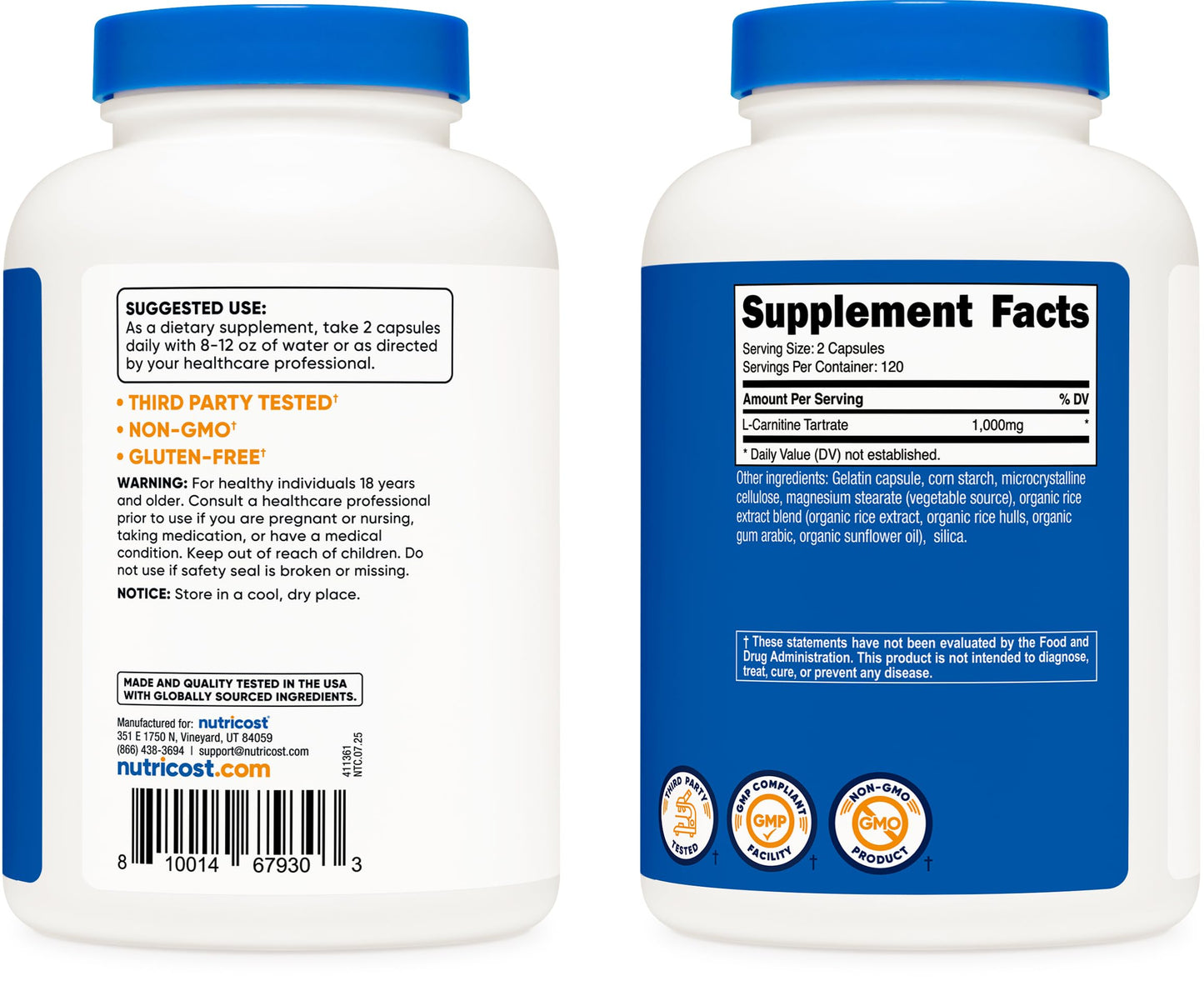 Nutricost L-Carnitine Tartrate 1,000mg, 240 Capsules - 500mg Per Capsule, 120 Servings