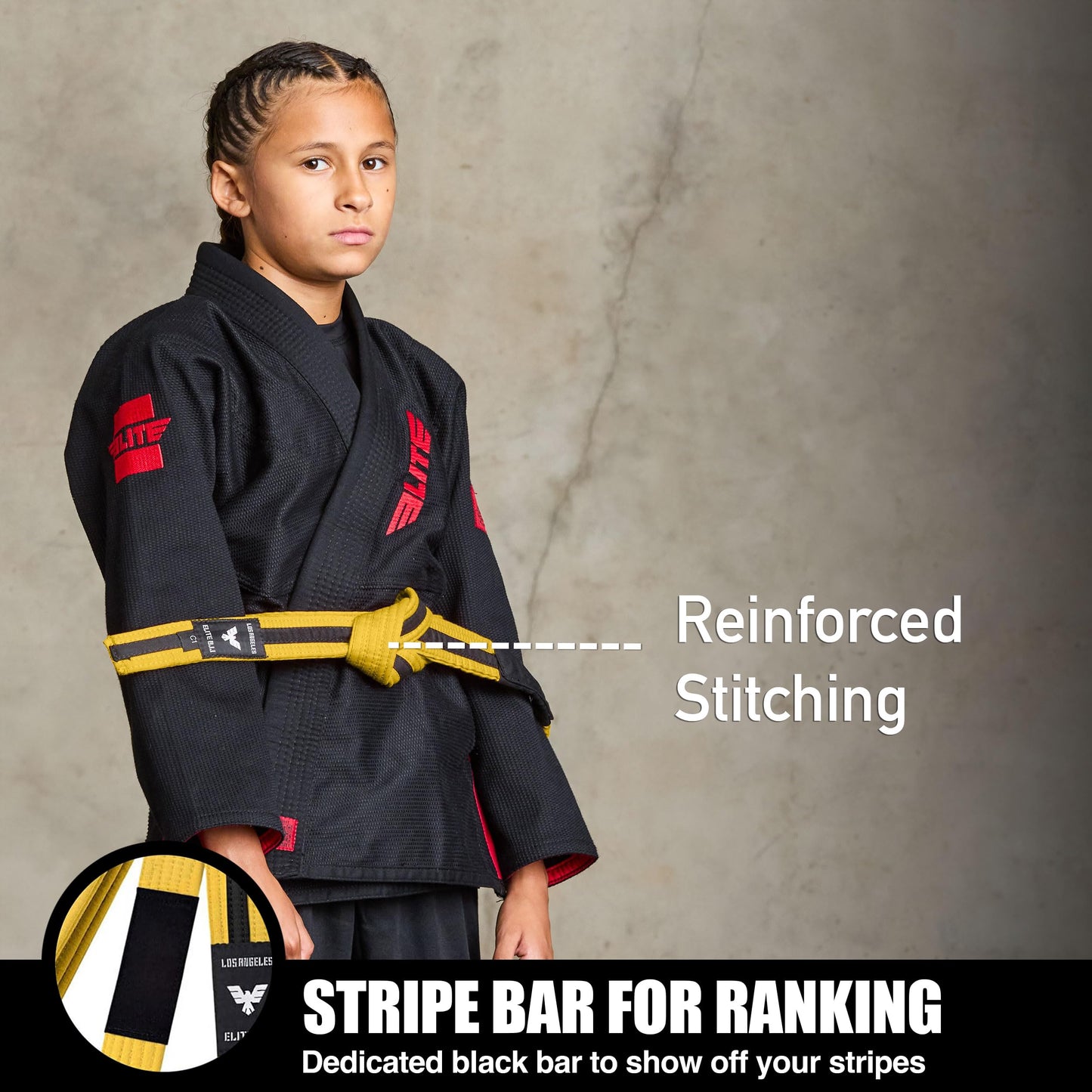Elite Sports Kids Brazilian Jiu Jitsu Belts Preshurunk Martial Arts Youth BJJ Belts for Girls & Boys with BJJ Ranking Stripes
