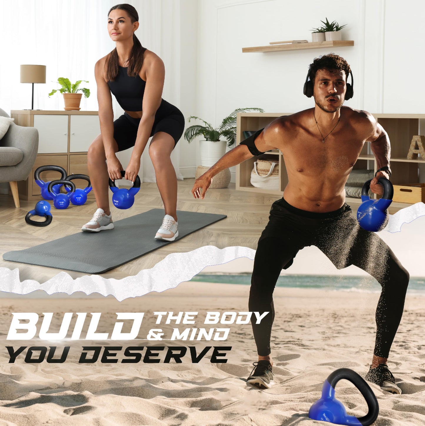 Yes4All Kettlebell, Vinyl Coated Kettlebell Cast Iron Sets with Stable Flat Bottom for Full Body Workout, Push up, Grip Strength Training & Weights Exercises