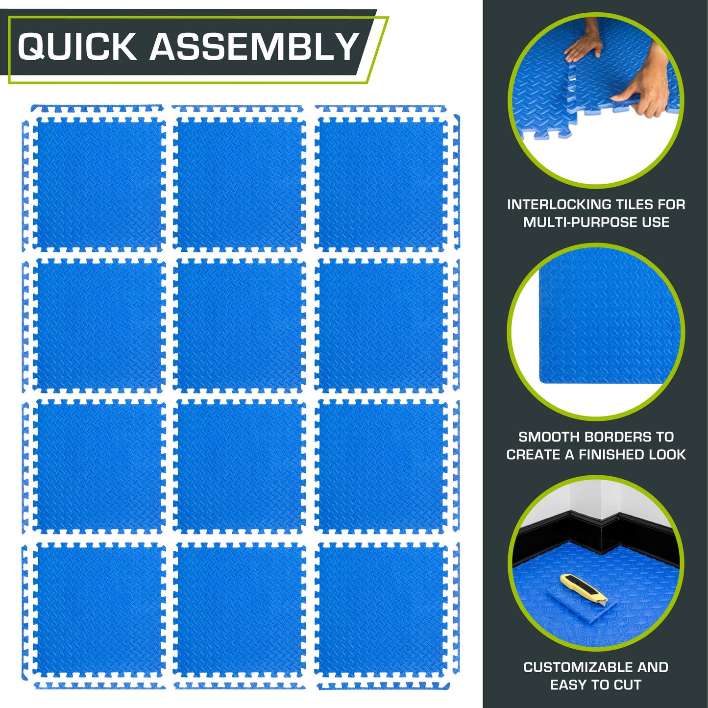 ProsourceFit Puzzle Exercise Mat ½ in, EVA Interlocking Foam Floor Tiles for Home Gym, Mat for Home Workout Equipment, Floor Padding for Kids, Black, 24 in x 24 in x ½ in, 24 Sq Ft - 6 Tiles