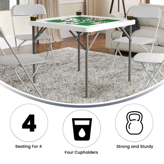 4-Player Square Folding Card Game Poker Table w/ Green Felt Top and Cup Holders